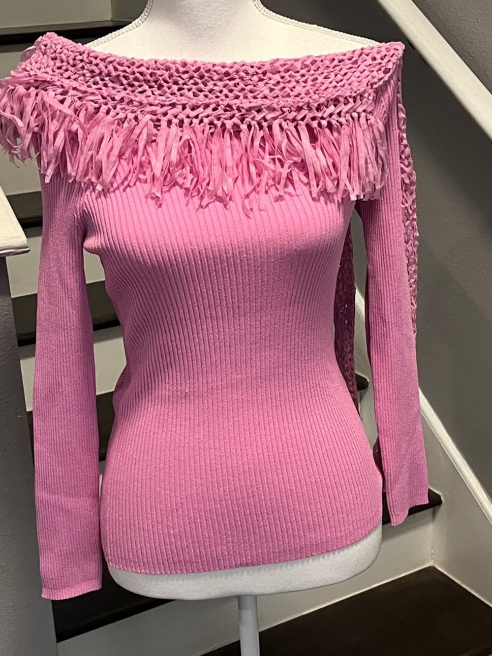 Pink Off-Shoulder Fringe Ribbed Sweater by POW WOW Sz. L Lots of stretch